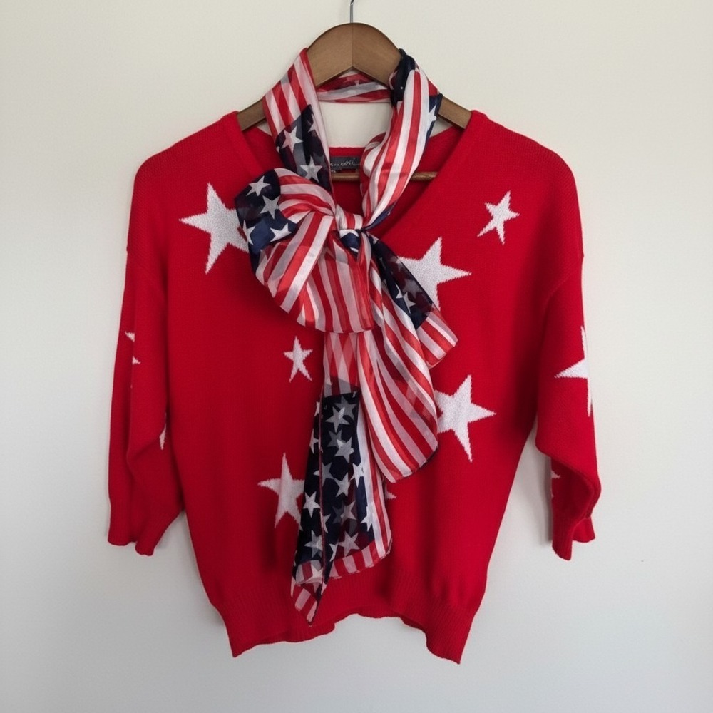 Hana + Gracie‎ Petite M Red Star V-Neck Sweater 3/4 Sleeve Perfect For July 4th